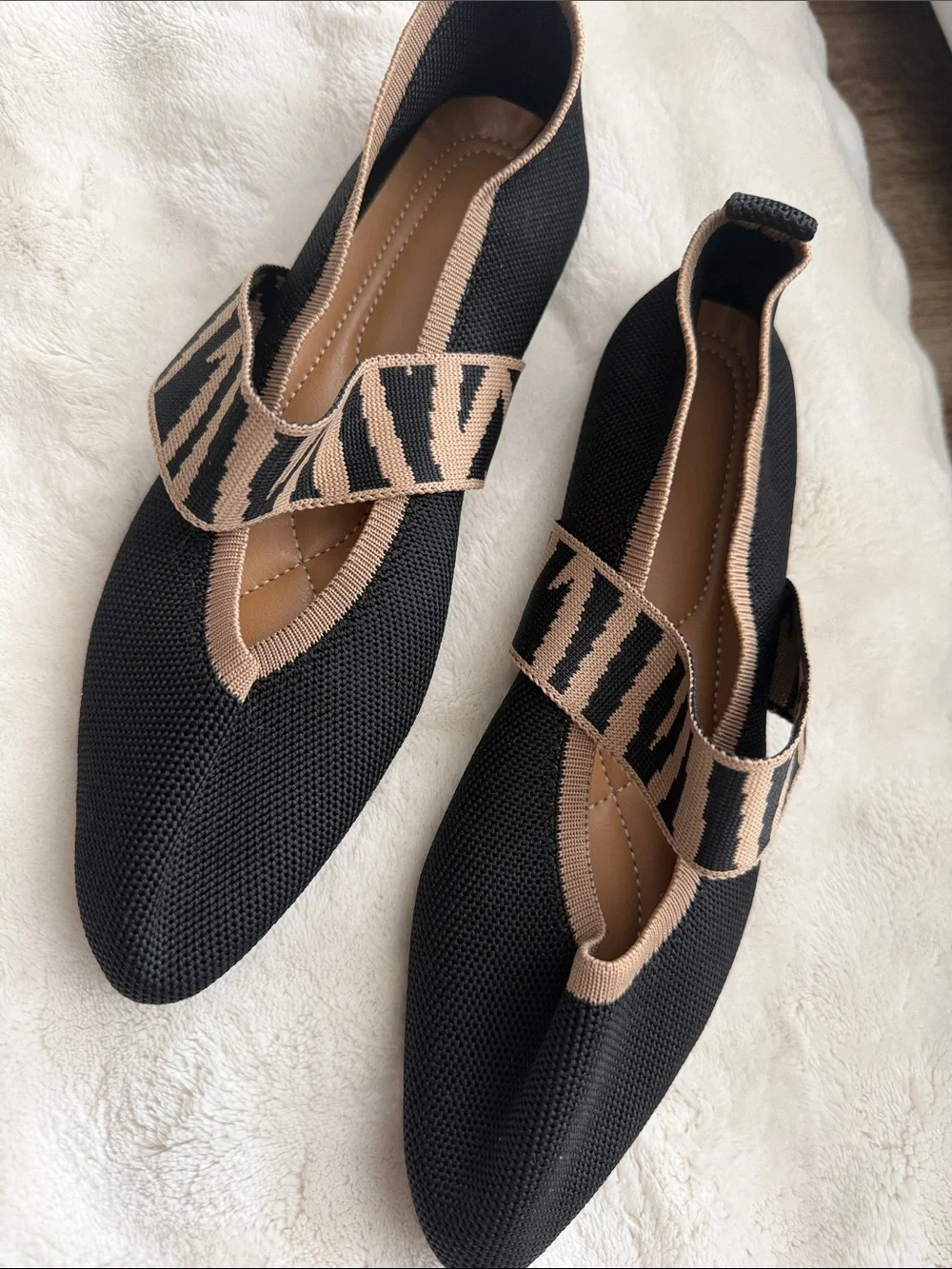 Black and Tan Knit Mary Jane Flats with Patterned Strap